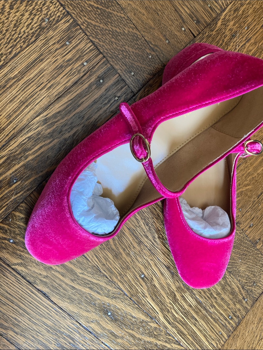 J. Crew Hot Pink Velvet Mary Jane Flats with Gold Buckles